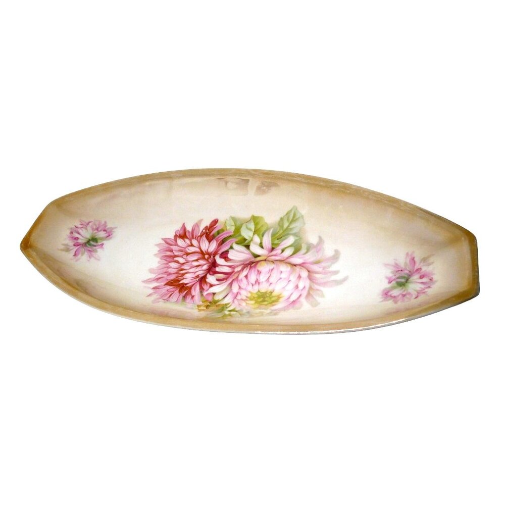 Vintage Germany ~12 in Porcelain Oval Dish Hand-Painted Chrysanthemum Floral 217